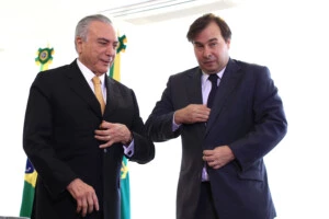 The incumbent president, Michel Temer, receives the new mayor, Rodrigo Maia, who was elected this morning to replace Eduardo Cunha, the president's office in Brasilia, capital of Brazil, on July 14, 2016. Photo: DIDA SAMPAIO/ESTADAO CONTEUDO (Agencia Estado via AP Images)