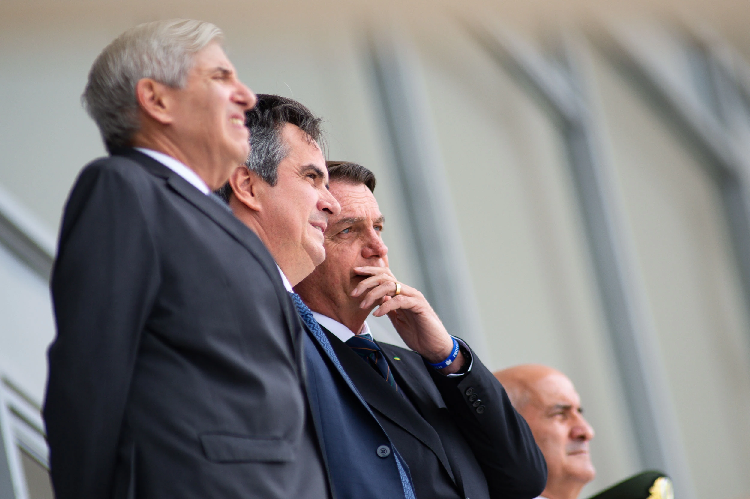BRASILIA, BRAZIL - DECEMBER 16: Secretary of Institutional Security and Brazilian Army General Augusto Heleno, Ciro Nogueira Brazilian Chief of Staff, and President of Brazil Jair Bolsonaro during the exchange of the presidential guard at Planalto Palace on December 16, 2021 in Brasilia, Brazil. (Photo by Andressa Anholete/Getty Images)