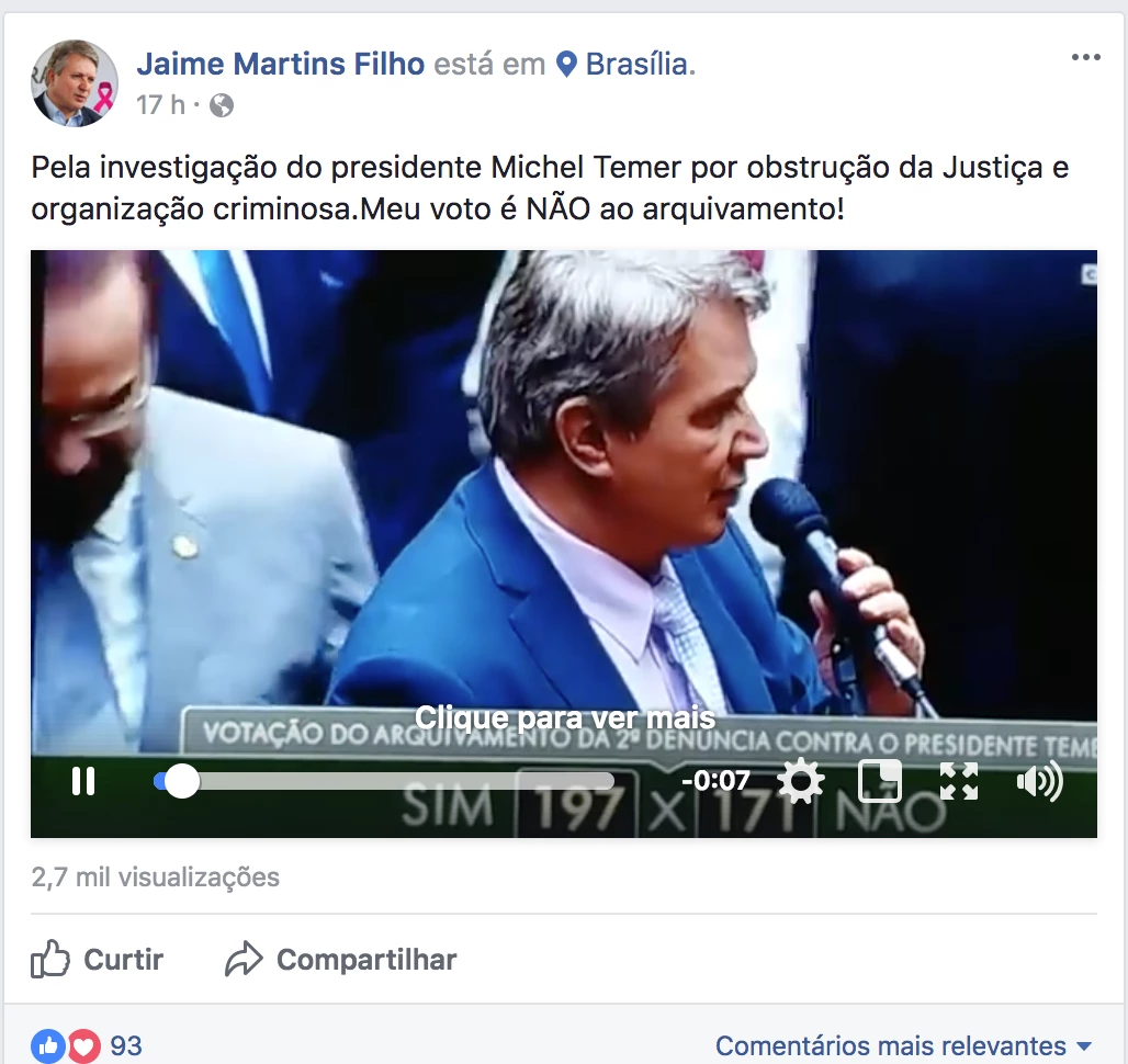 Postagem do deputado Jaime Martins Filho em outubro