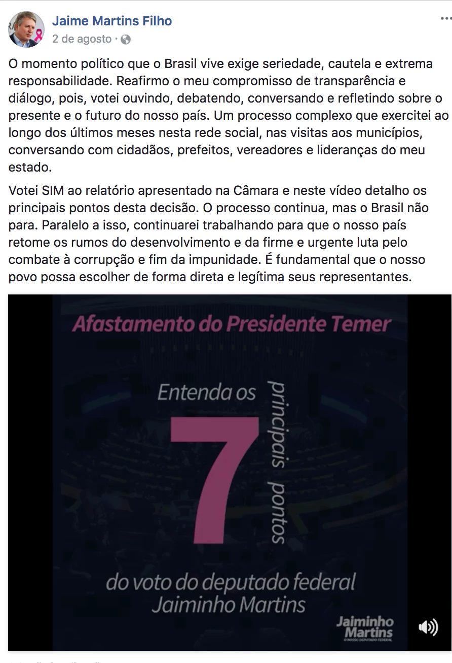 Post do deputado Jaime Martins Filho de agosto
