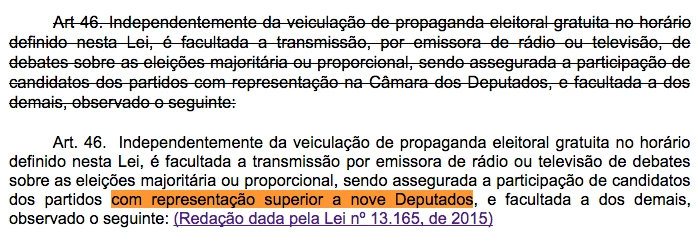 Fragmento da lei eleitoral que foi alterada na última minirreforma, aumentando o número de deputados federais necessários ao partido de um candidato.