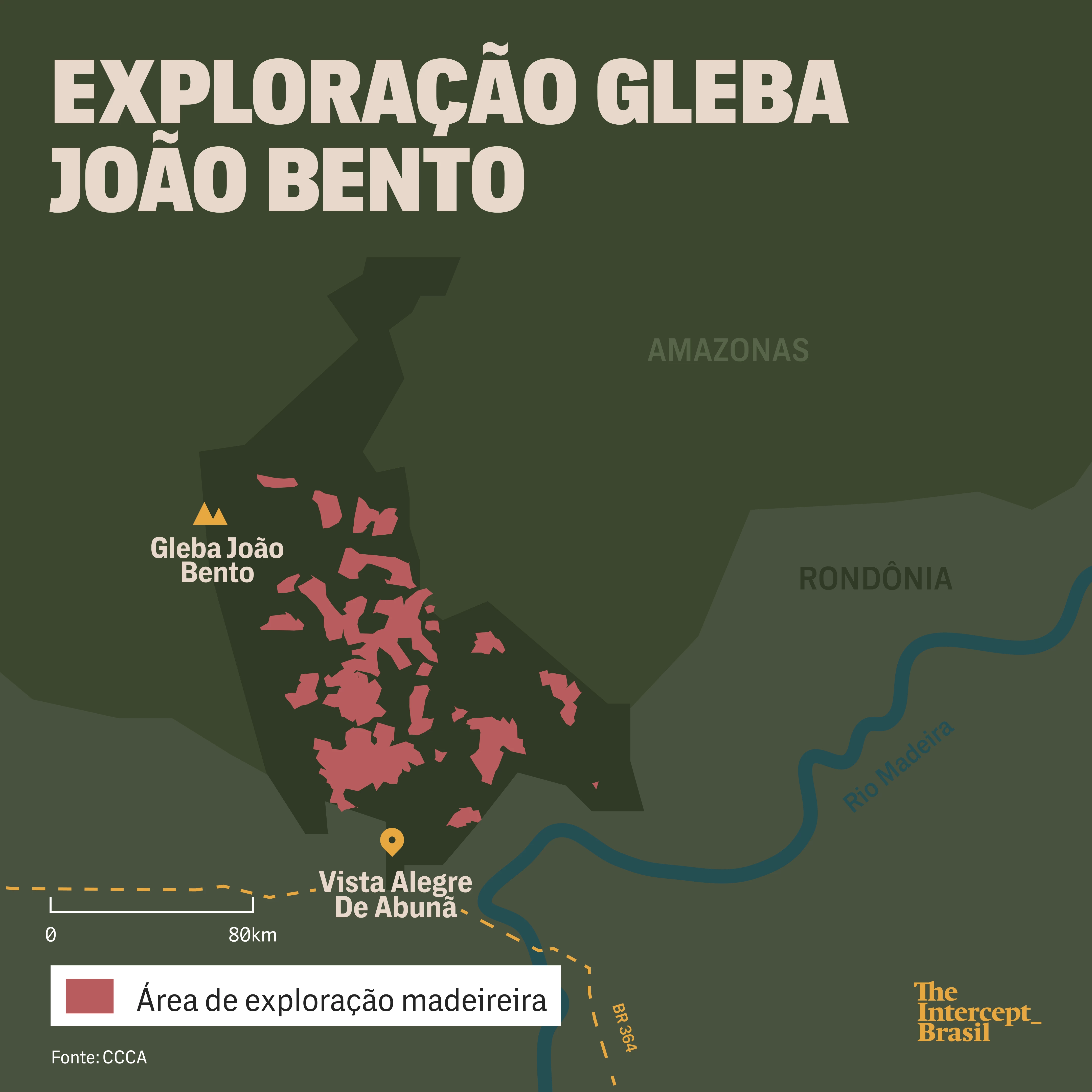  Análise do CCCA da exploração florestal na gleba João Bento. Em amarelo, área de floresta que foi alvo de extração madeireira. Em vermelho, área que foi alvo de extração madeireira e depois totalmente derrubada.