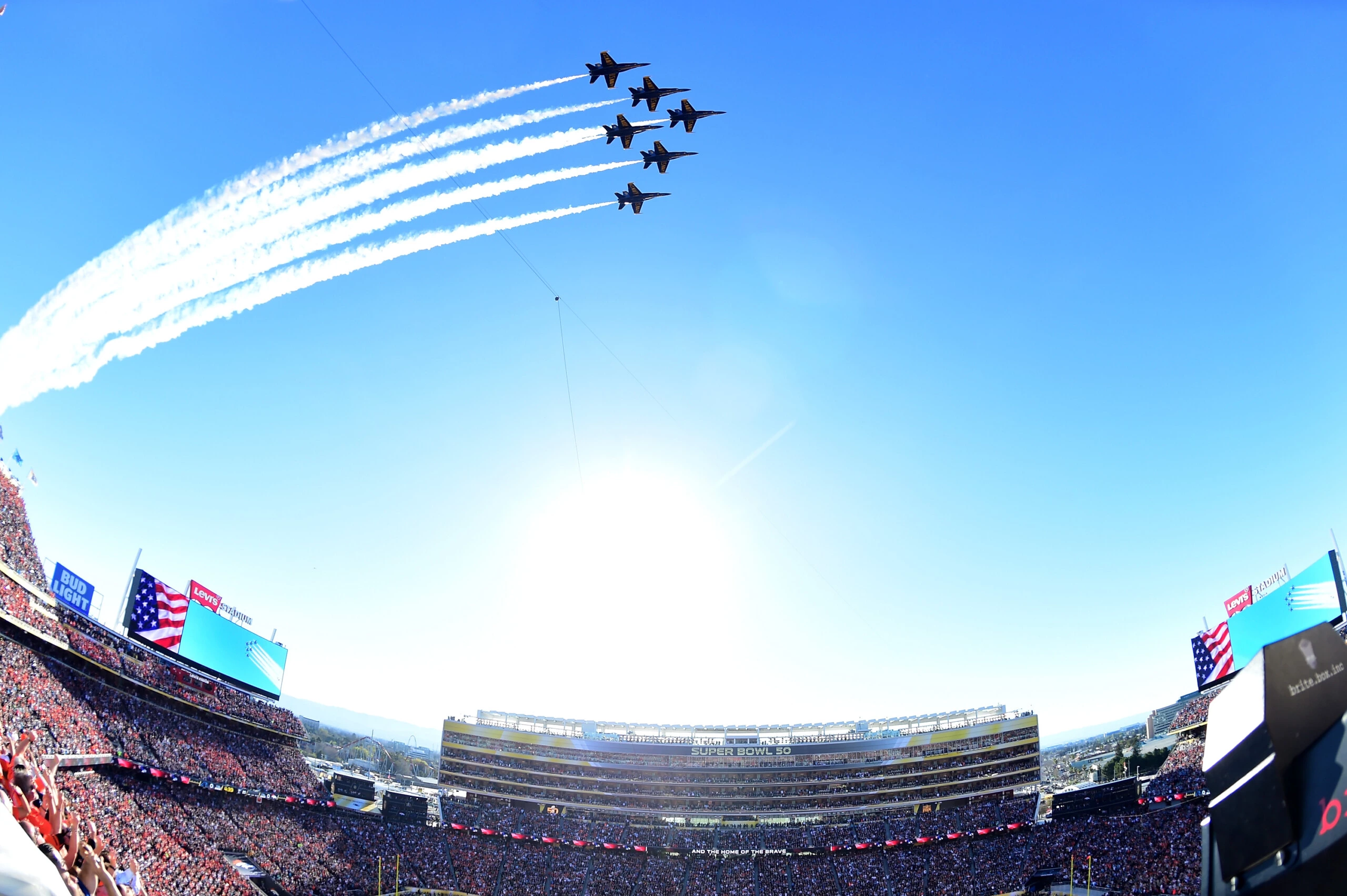 SANTA CLARA, CA - FEBRUARY 07: The Blue Angels perform a fly-over prior to Super Bowl 50 between the Denver Broncos and the Carolina Panthers at Levi's Stadium on February 7, 2016 in Santa Clara, California. (Photo by Harry How/Getty Images)