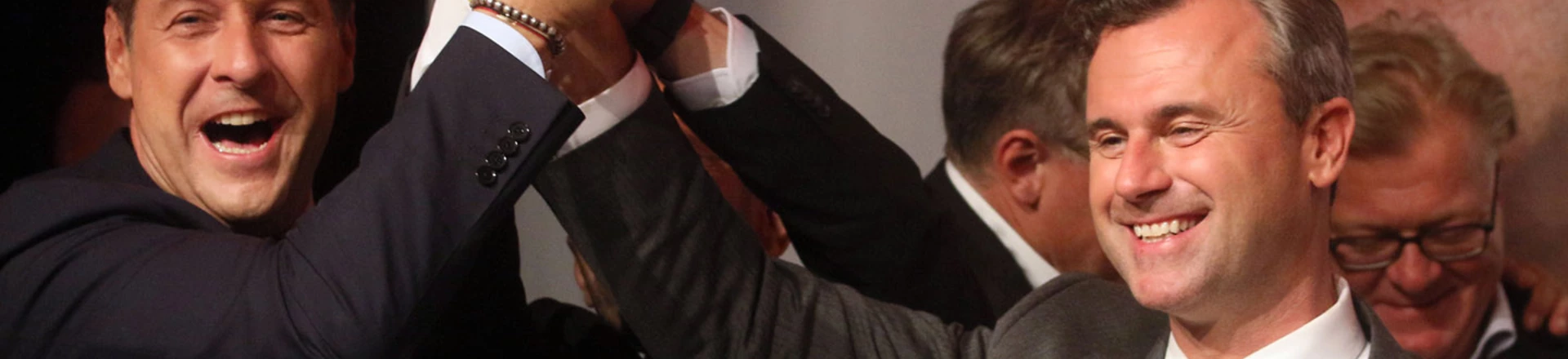 Heinz-Christian Strache, head of Austria's Freedom Party, FPOE, left, congratulates Norbert Hofer, candidate for Austria's Presidency during an after presidential election party in Vienna, Austria, Sunday, May 22, 2016. Heinz-Christian Strache, head of Austria's Freedom Party, FPOE, left, congratulates Norbert Hofer, candidate for Austria's Presidency during an after presidential election party in Vienna, Austria, Sunday, May 22, 2016.