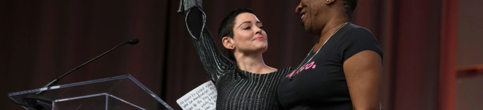 US actress Rose McGowan and Founder of #MeToo Campaign Tarana Burke, embrace on stage at the Women's March / Women's Convention in Detroit, Michigan, on October 27, 2017. A stream of actress including Rose McGowan, models and ex-employees have come out, many anonymously, to accuse Hollywood producer Harvey Weinstein of sexual harassment and abuse dating as far back as the 1990s. / AFP PHOTO / RENA LAVERTY (Photo credit should read RENA LAVERTY/AFP/Getty Images) US actress Rose McGowan and Founder of #MeToo Campaign Tarana Burke, embrace on stage at the Women's March / Women's Convention in Detroit, Michigan, on October 27, 2017. A stream of actress including Rose McGowan, models and ex-employees have come out, many anonymously, to accuse Hollywood producer Harvey Weinstein of sexual harassment and abuse dating as far back as the 1990s. / AFP PHOTO / RENA LAVERTY (Photo credit should read RENA LAVERTY/AFP/Getty Images)