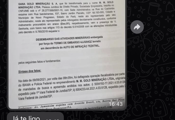 Presidente do Ibama pressionou subalterno para liberar mineradora de ouro embargada